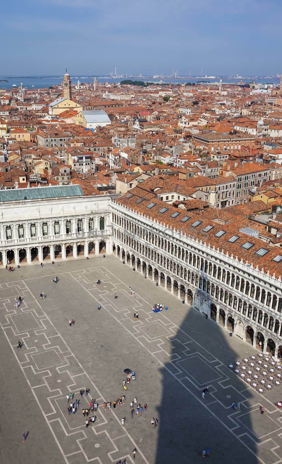 aerial view of Venice city from the top of the bell tower at the San Marco Square 