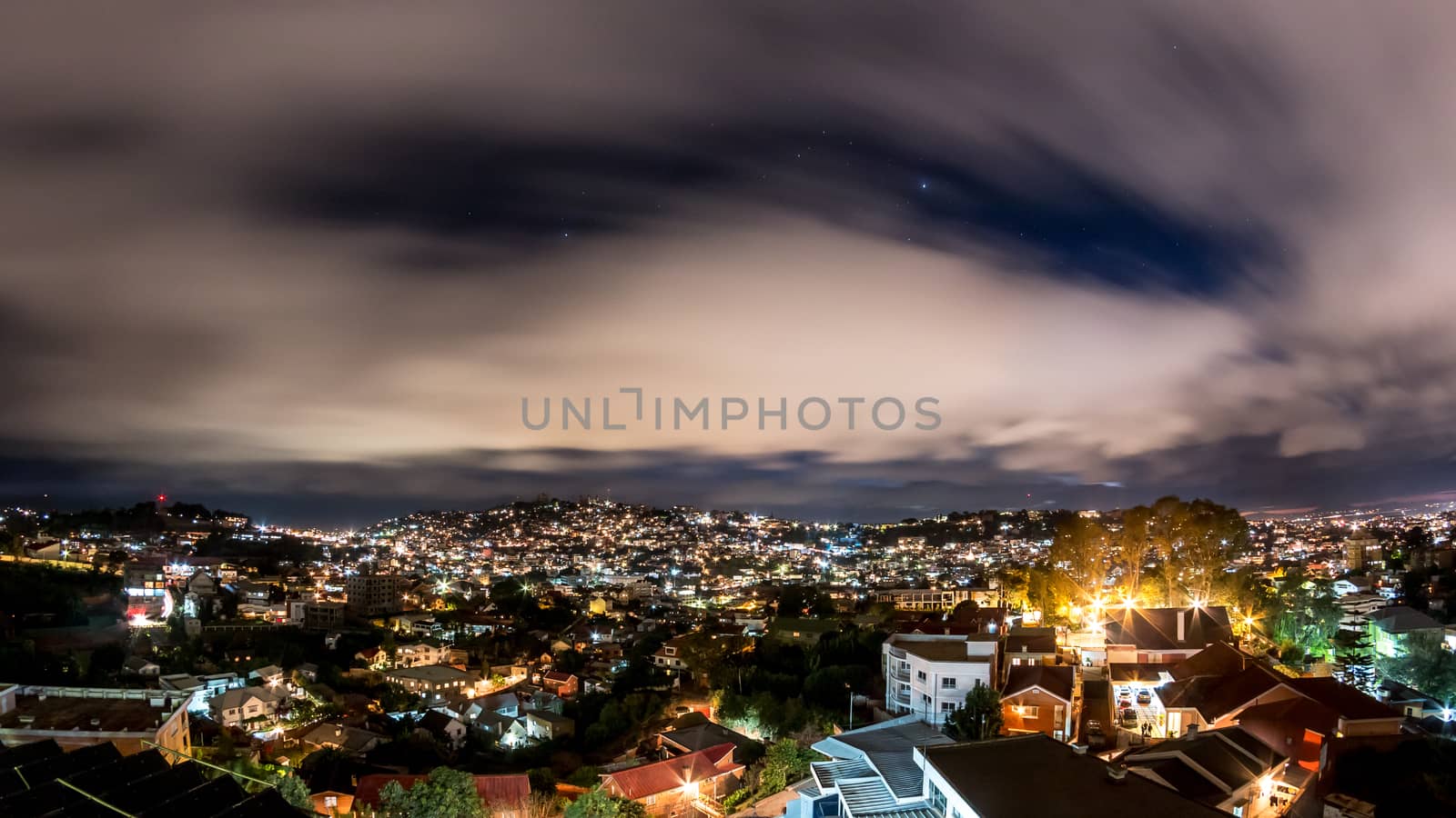 Aerial view of the Antananarivo, capital city of Madagascar, at night