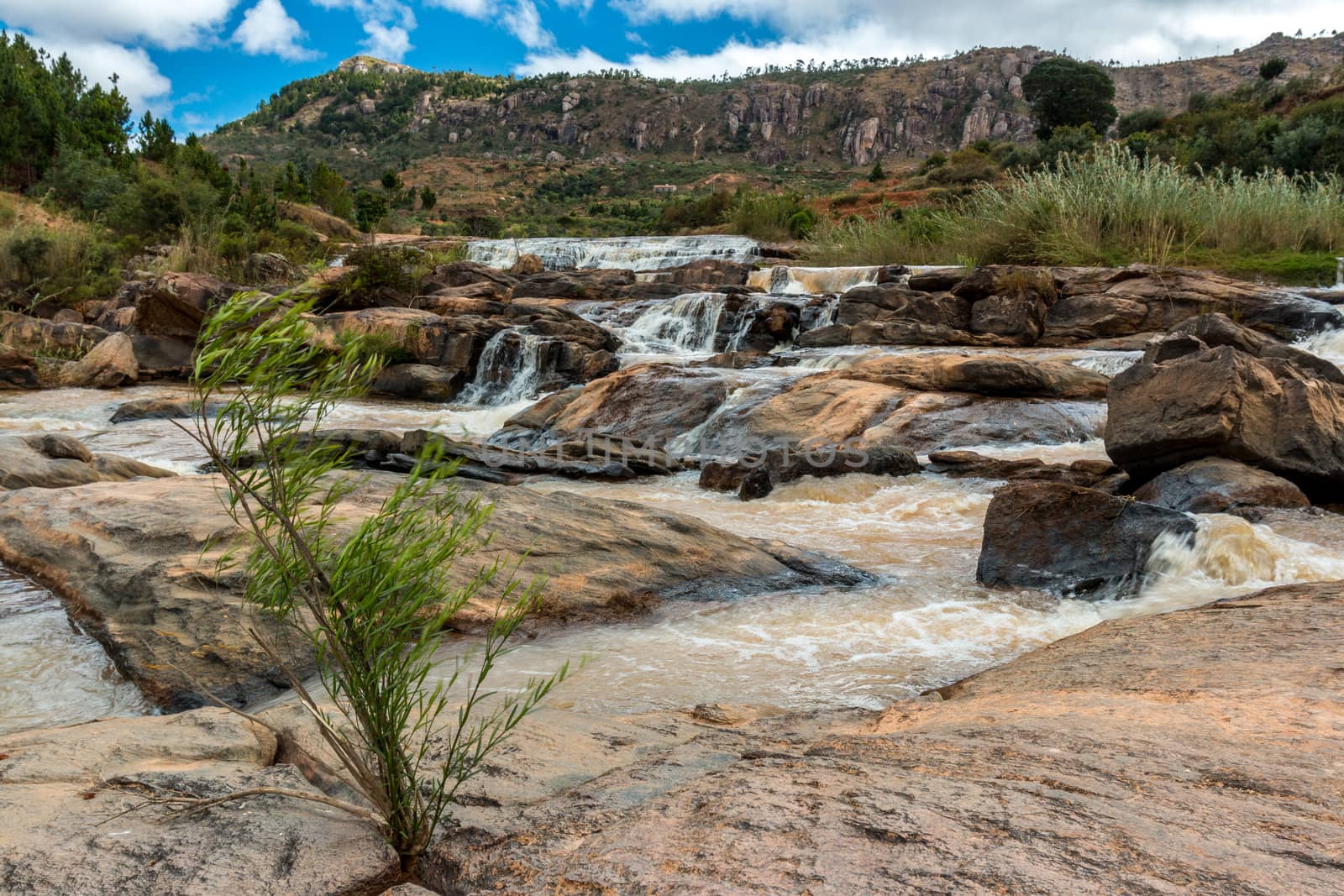 Beautiful and tranquil landscapes of Madagascar with multiple levels of small waterfalls