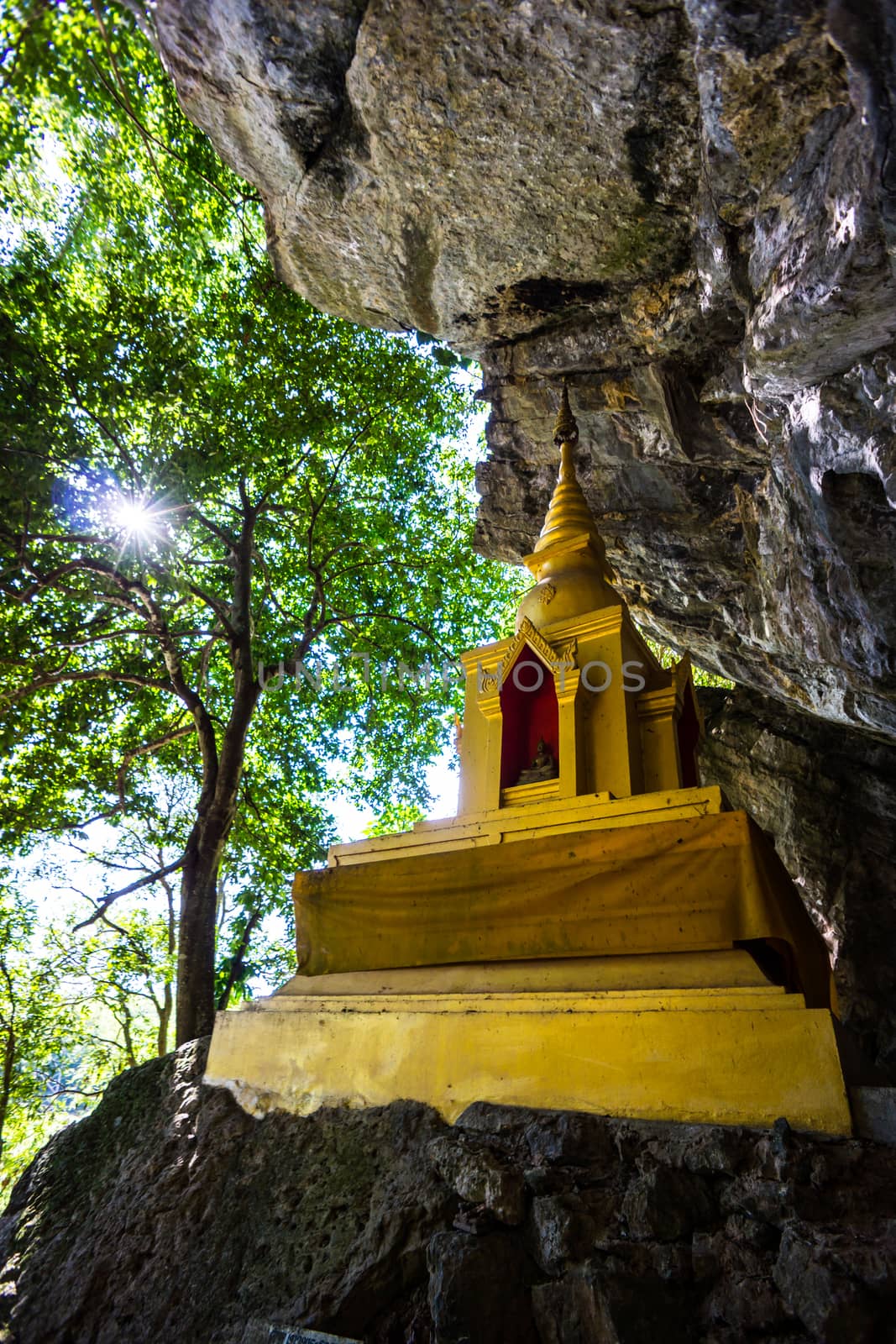 golden pagoda infront of natural cave in the forest,Chiangrai,Thailand