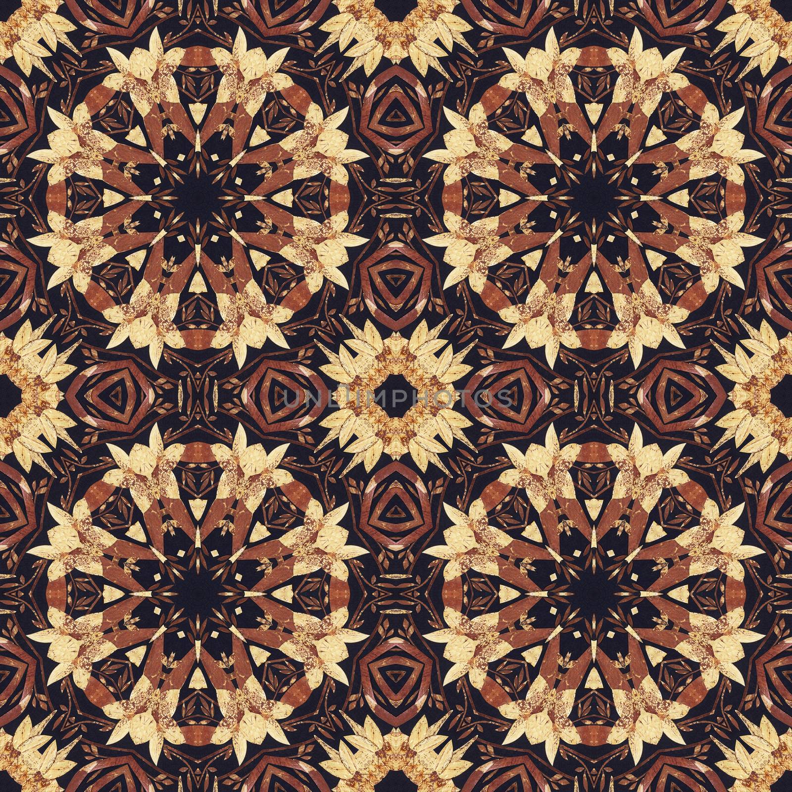 Abstract artistic pattern, seamless handmade floral ornament, applique from the back side of a birch bark on black fabric background