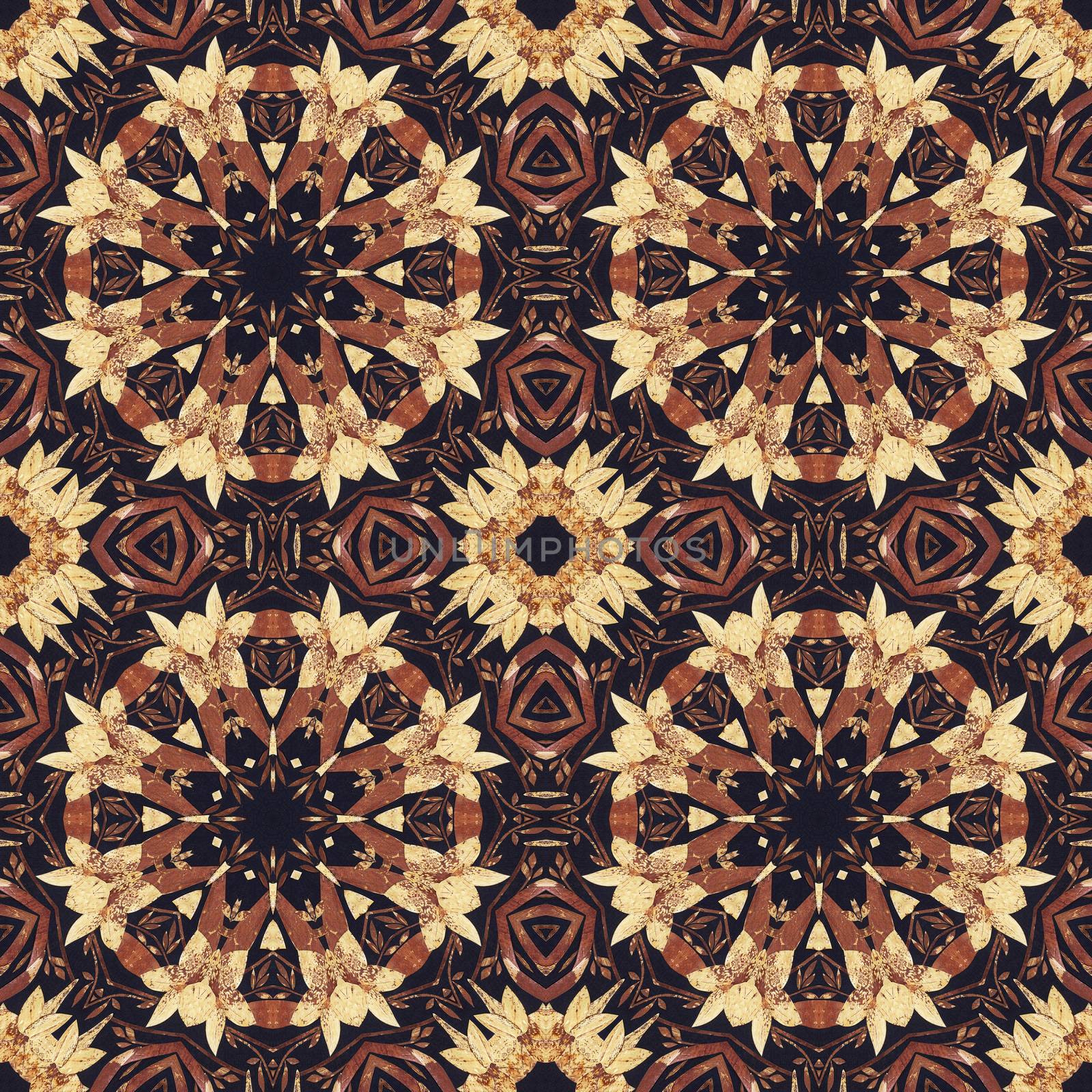 Abstract artistic pattern, seamless handmade floral ornament, applique from the back side of a birch bark on black fabric background