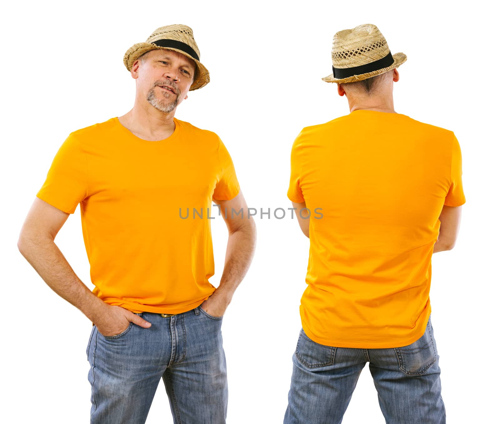Photo of a man in his mid forties wearing a blank orange shirt. Ready for your design or artwork.