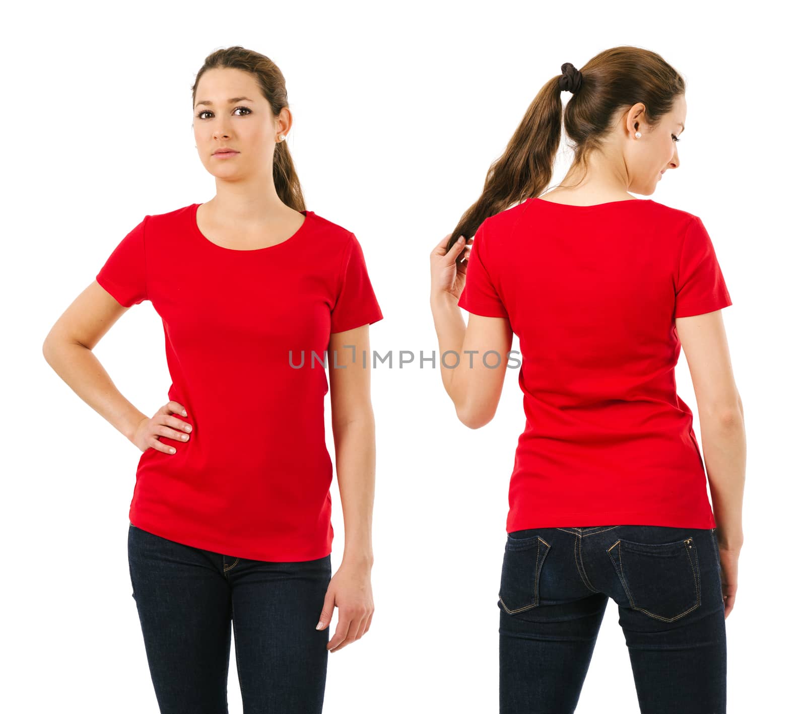 Young beautiful brunette female with blank red shirt, front and back. Ready for your design or artwork.