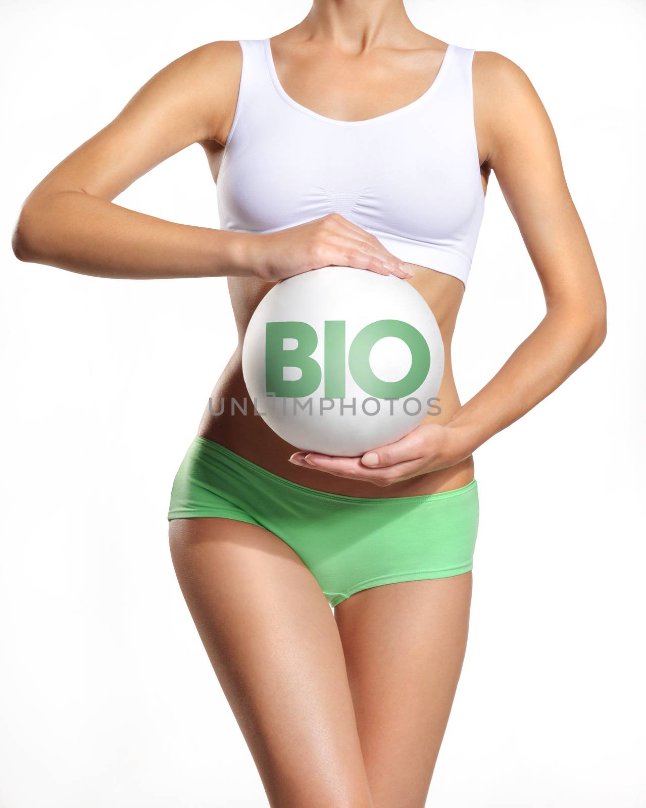 Picture of beautiful sporty woman with bio sign on her stomach