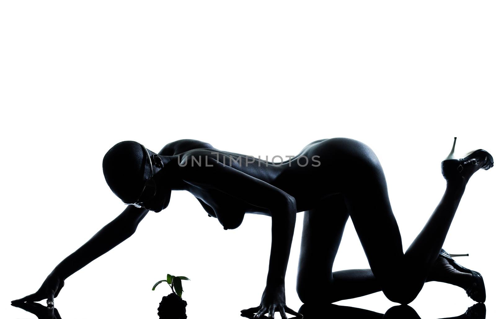 one beautiful black african naked woman protecting nature in studio isolated on white background