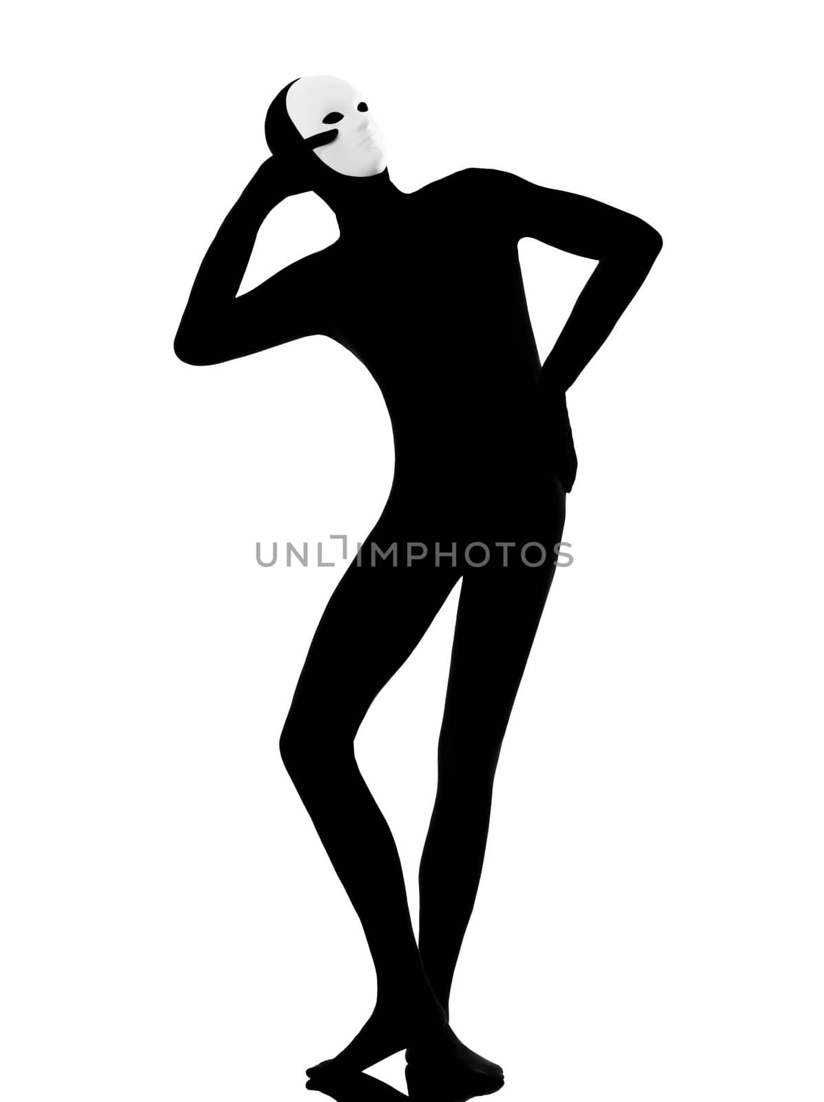 performer man mime with mask satisfied on studio isolated on white background