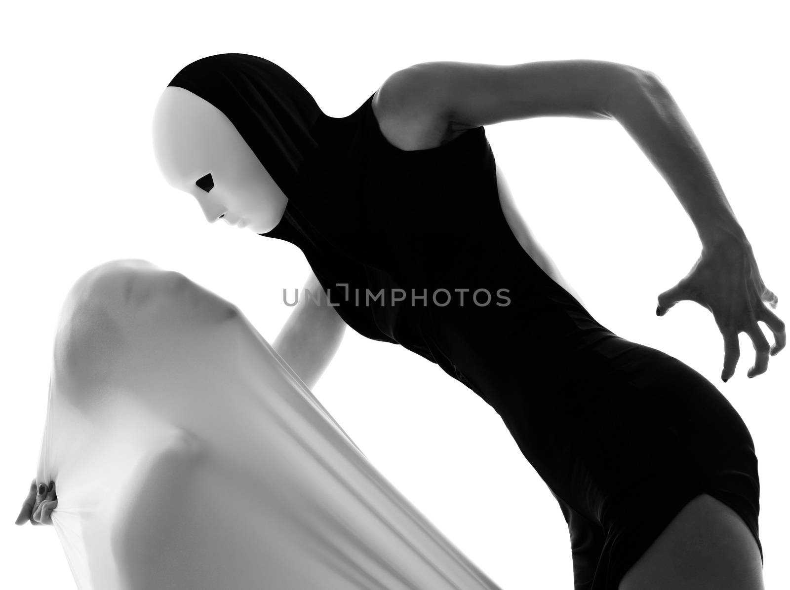 dancer performer mime with mask acting couple lovers conceptual in studio isolated on white background