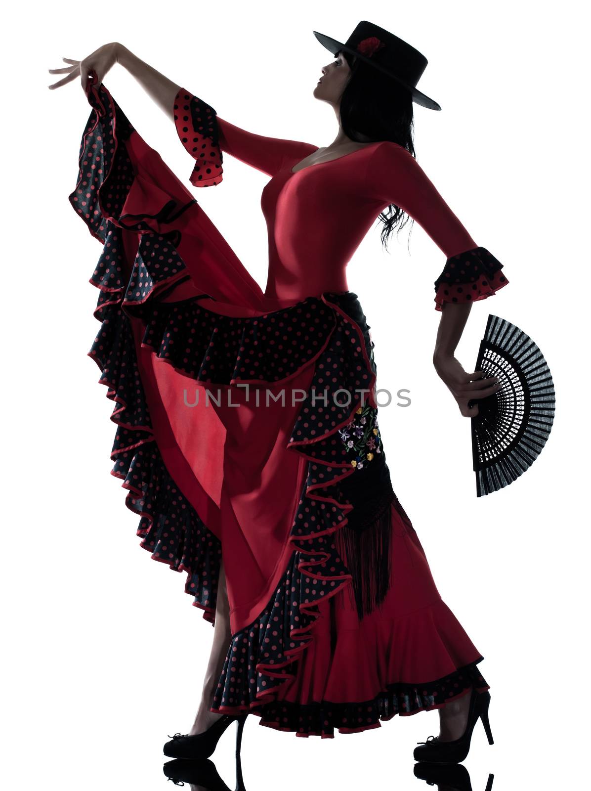 one woman gypsy flamenco dancing dancer on studio isolated white background