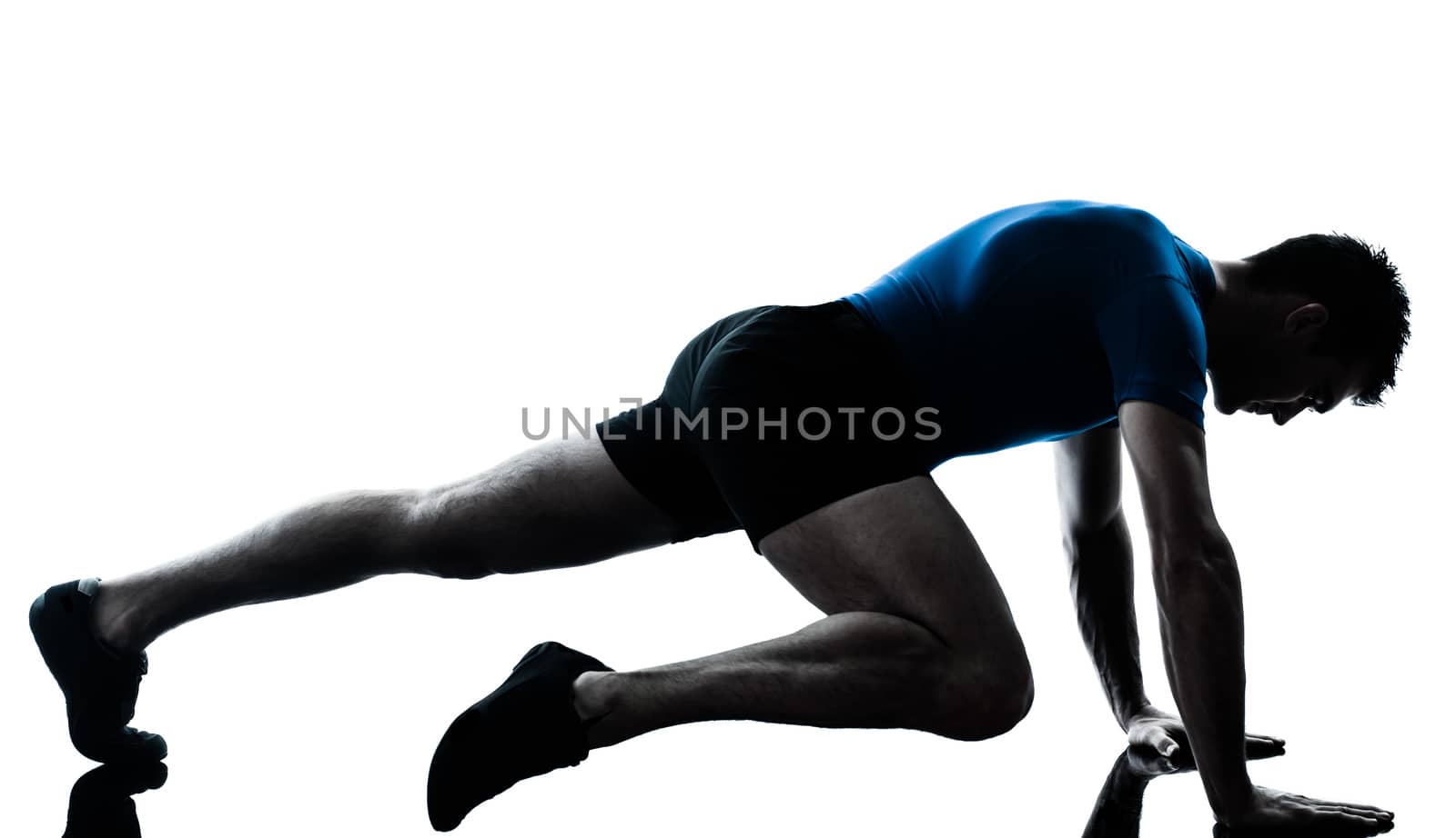 one  man exercising workout fitness in silhouette studio isolated on white background