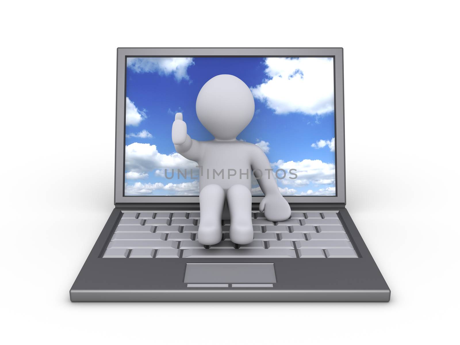 Person sitting on a laptop with sky and clouds on the screen