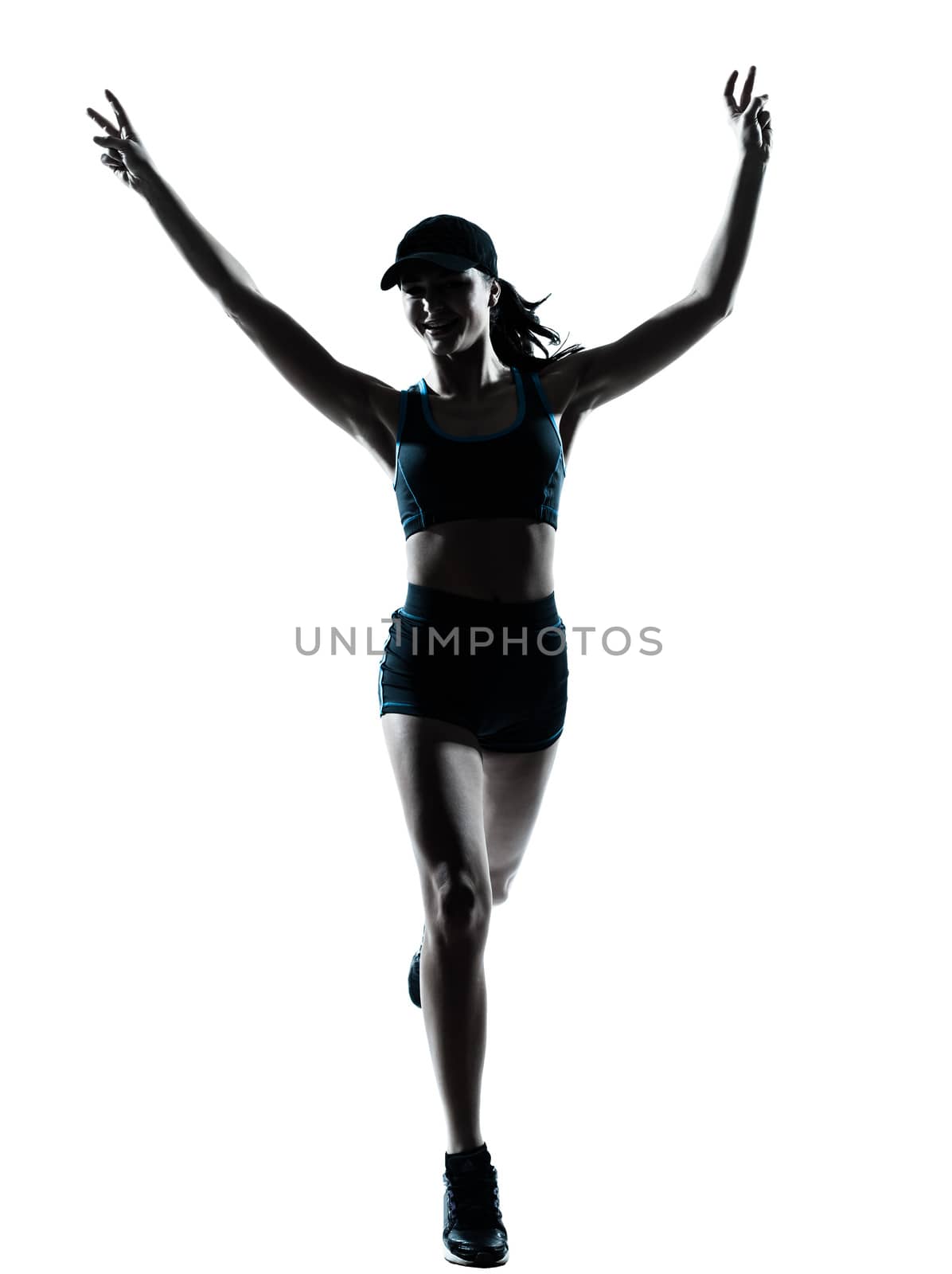 one  woman runner jogger victorious in silhouette studio isolated on white background