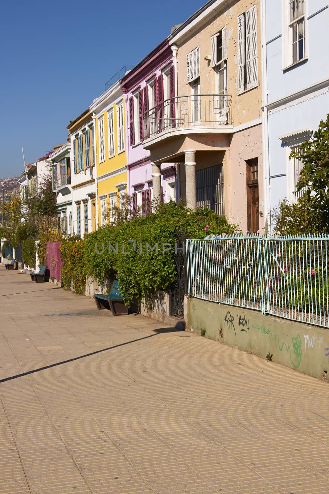 Colourfully painted houses on a lookout in the hills above the harbour in the UNESCO World Heritage City of Valparaiso in Chile.