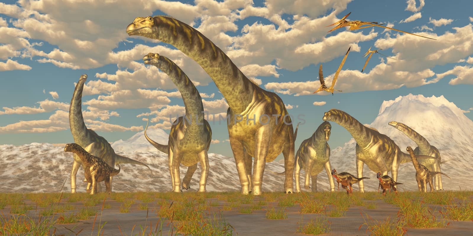 Hypsilophodon and Pteranodon dinosaurs accompany a herd of Argentinosaurus on their yearly migration to warmer temperatures.