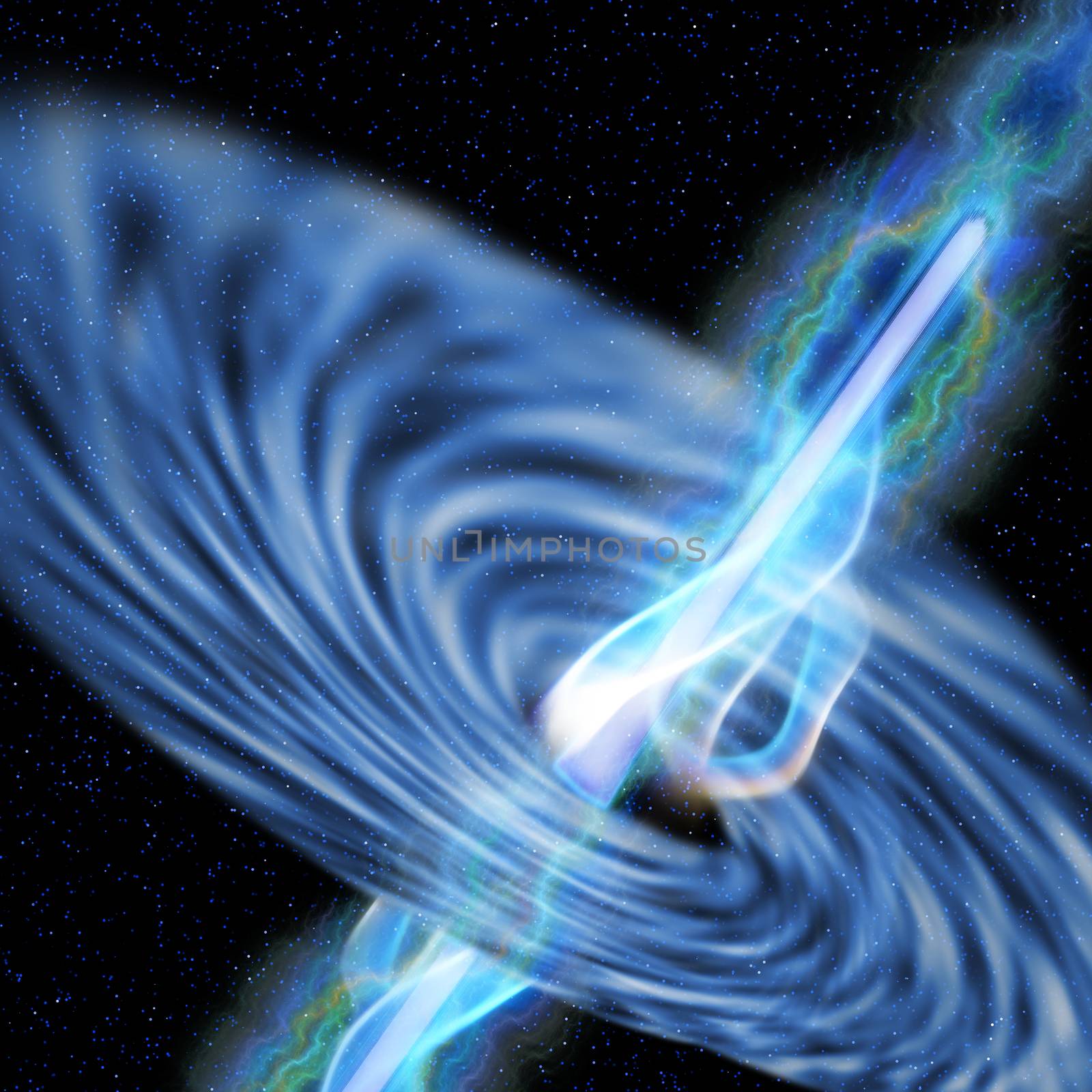 A stellar black hole emits streams of plasma from its event horizon.