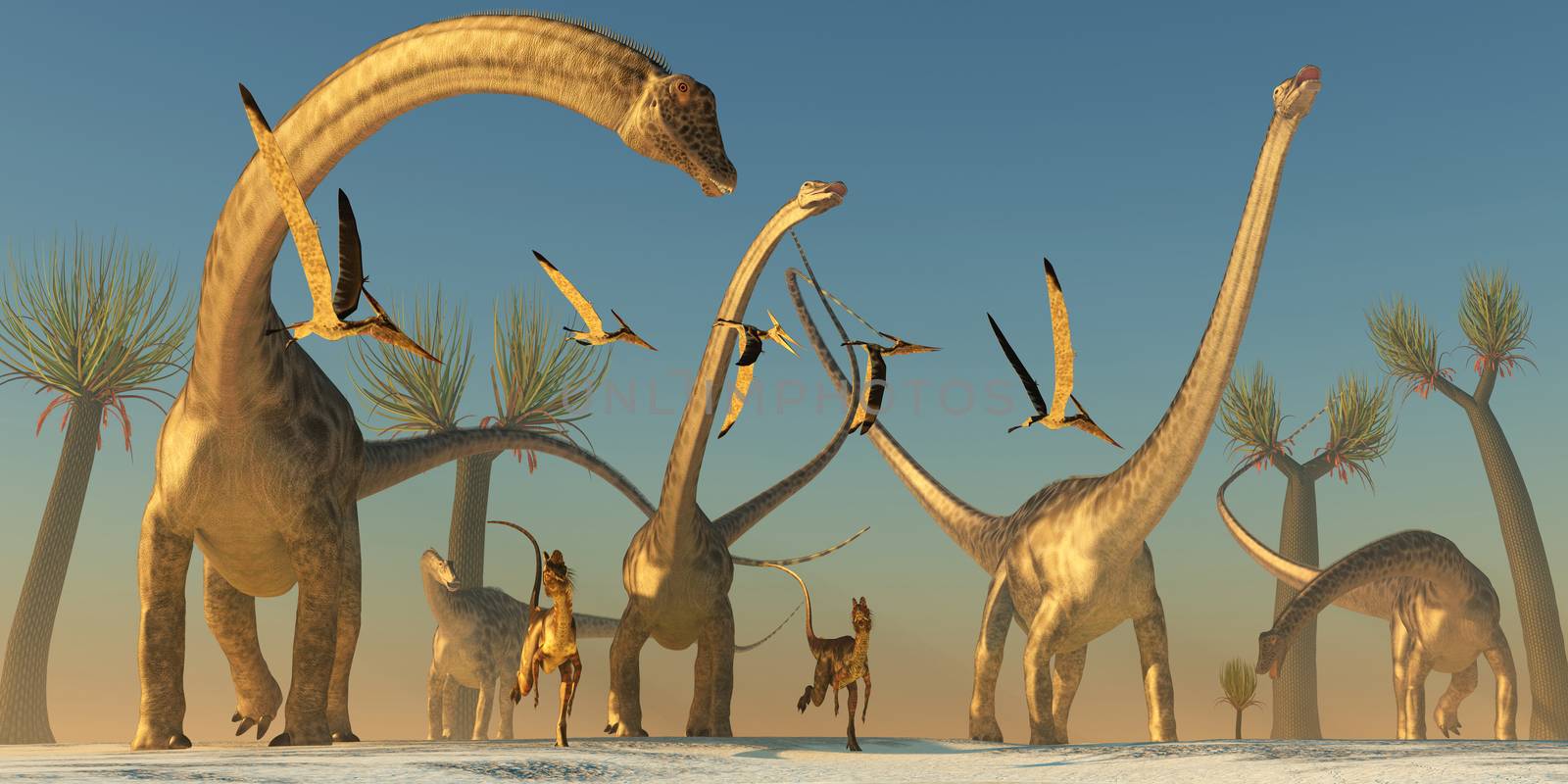 Dilophosaurus and Pterosaurs join a Diplodocus dinosaur herd on their search for food.