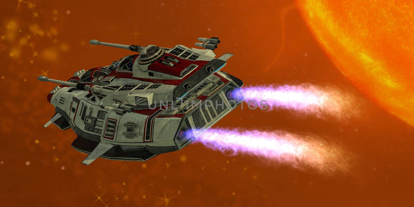 The Ironstar battleship flies near a large sun on its space mission.