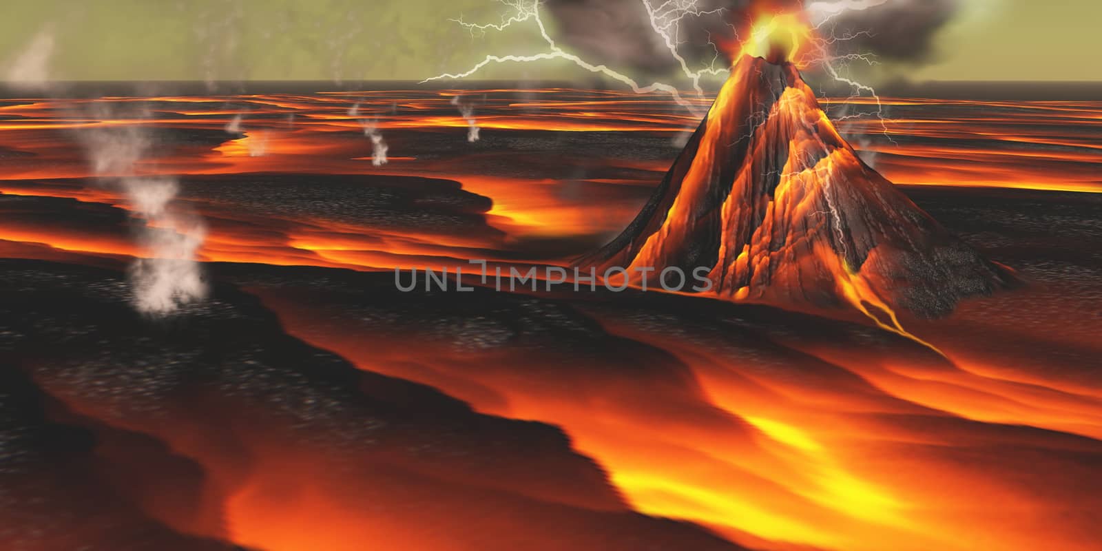 This alien planet has continuous eruptions of its volcanoes with surrounding lava fields and flows.