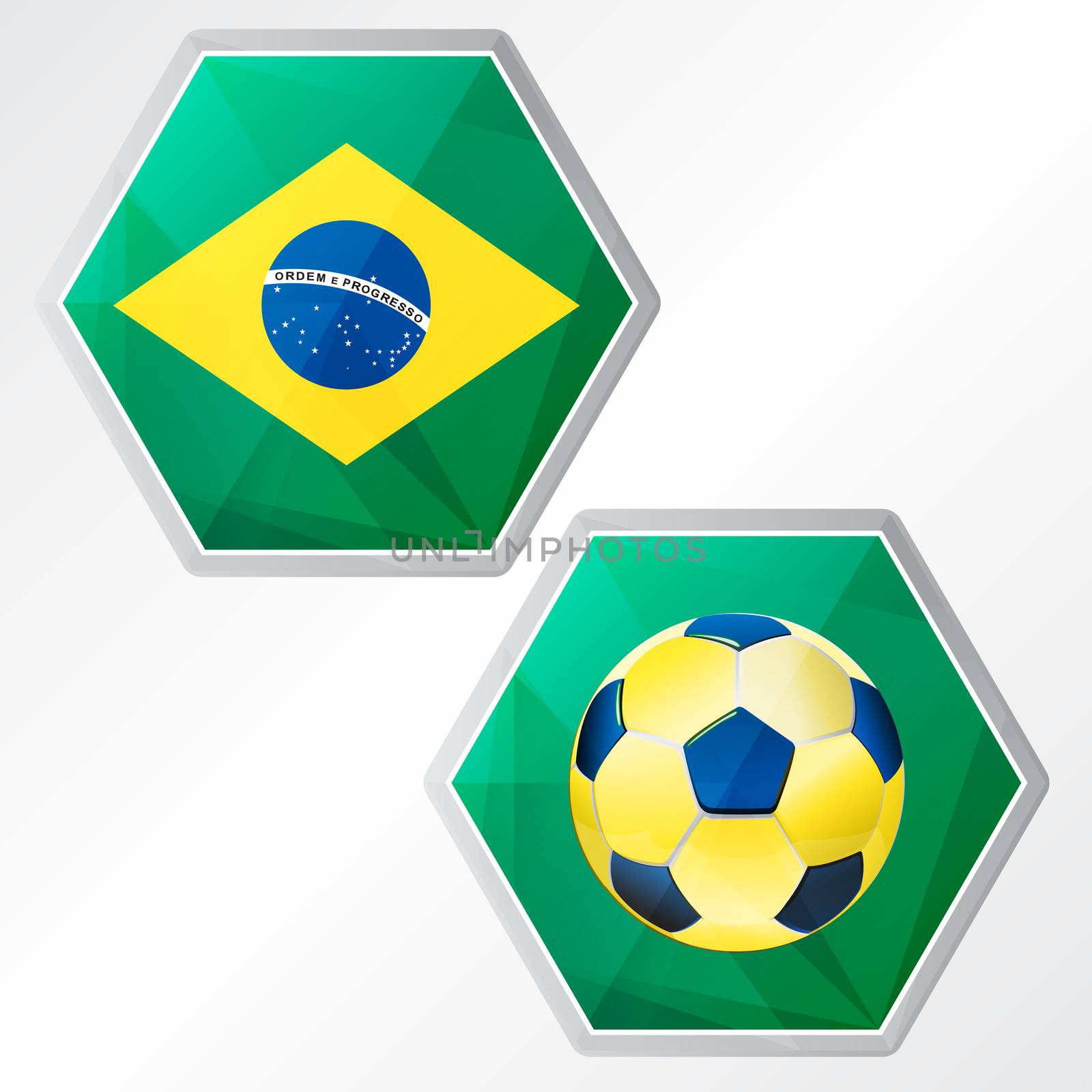 Brazilian flag and soccer ball, two colors hexagons labels, flat design, football sport concept