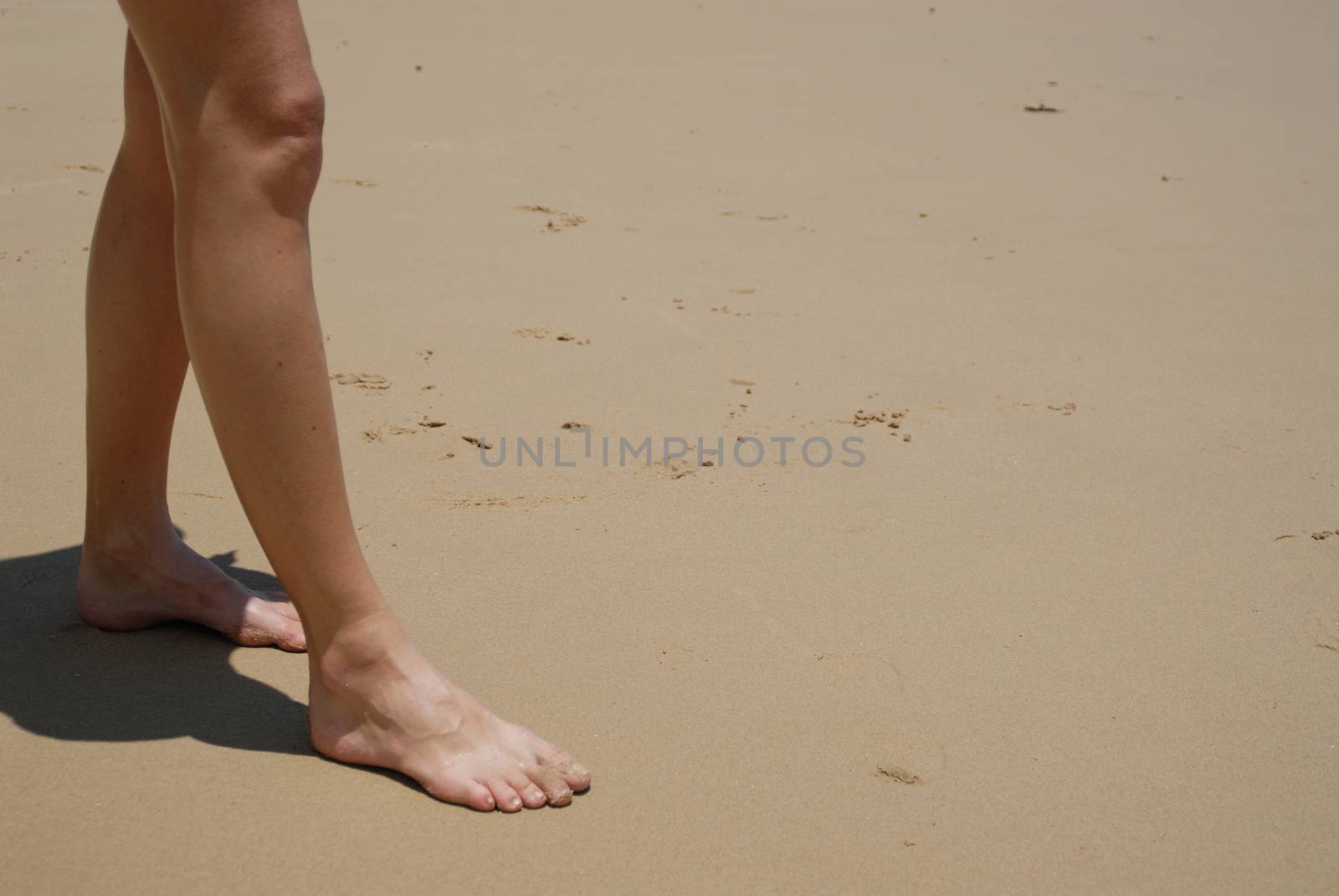 Stock photo of beautiful tall brunette woman on the beach in the by seawaters