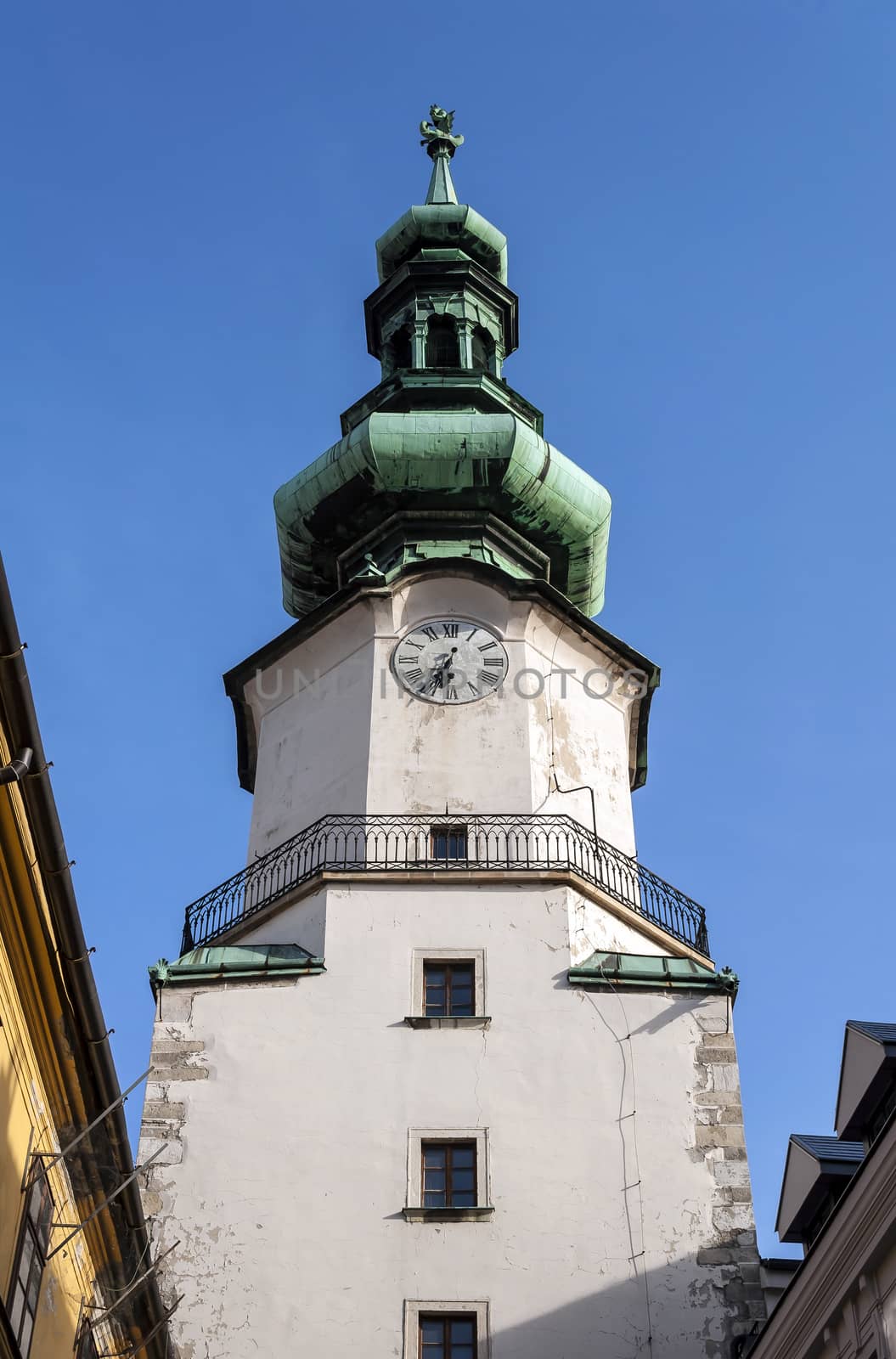 Clock tower at the St. Michael's Gate, Bratislava, Slovakia.