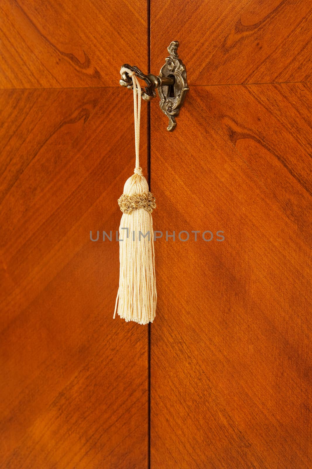 Bronze key with a tassel in a keyhole