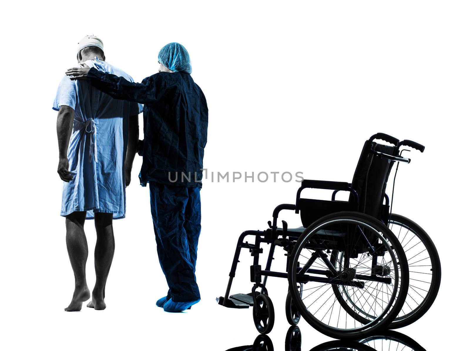 injured man walking away from  wheelchair with nurse silhouette by PIXSTILL