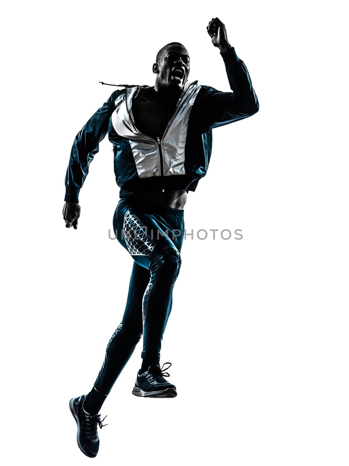 one african man running sprinting jogging in silhouette studio isolated on white background