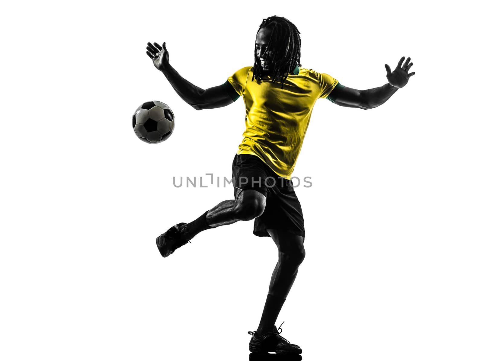 one black brazilian soccer football player man in silhouette studio on white background
