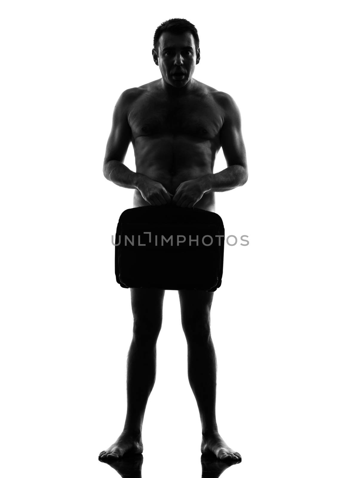 one caucasian business business man naked with briefcase in silhouette  on white background