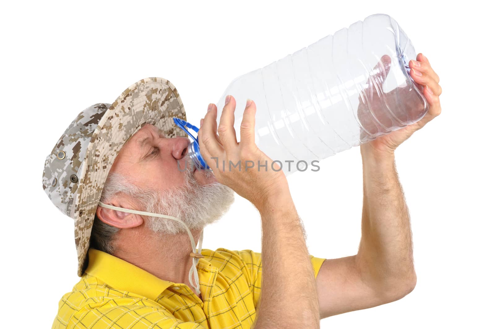 senior balding bearded man holding empty plastic bottle