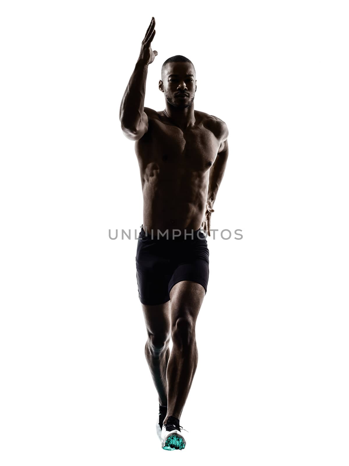 one young african muscular build man jumping running  silhouette  isolated on white background