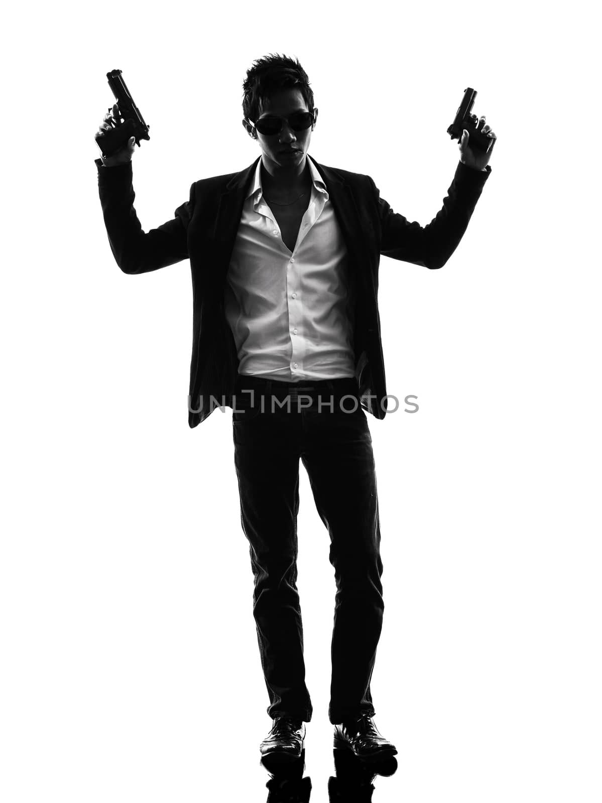 one asian gunman killer  standing in silhouette isolated white background