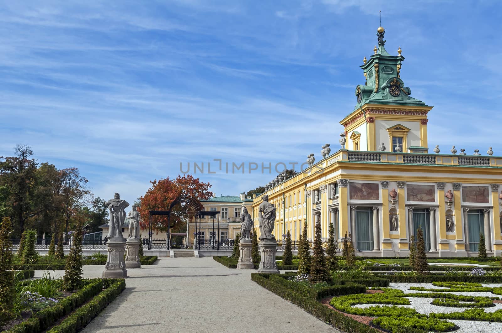 View of the Royal Palace and its garden in Wilanow, Warsaw, Poland.