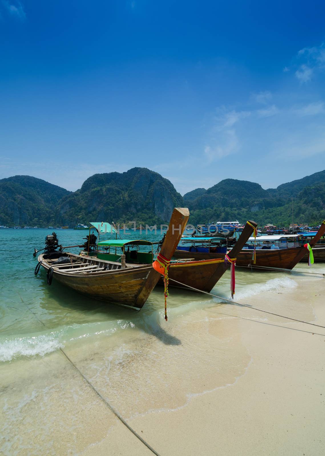 Long Tail Boats at Phi Phi Leh island in Phuket, Thailand 