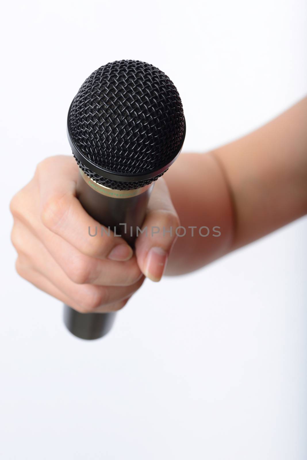 woman hand with microphone isolated on white background.