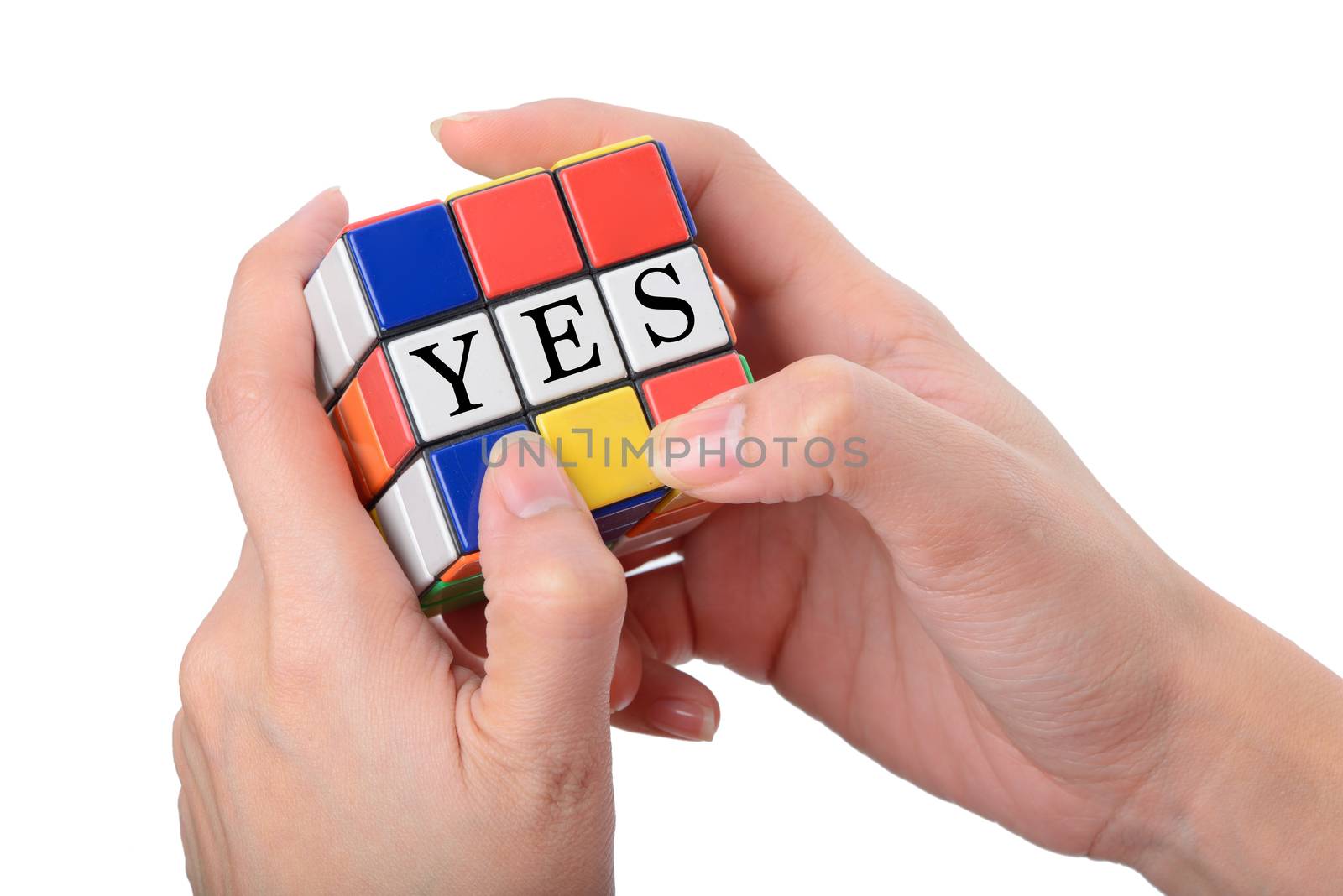 woman hand playing Square puzzle for concept solve solution with white background