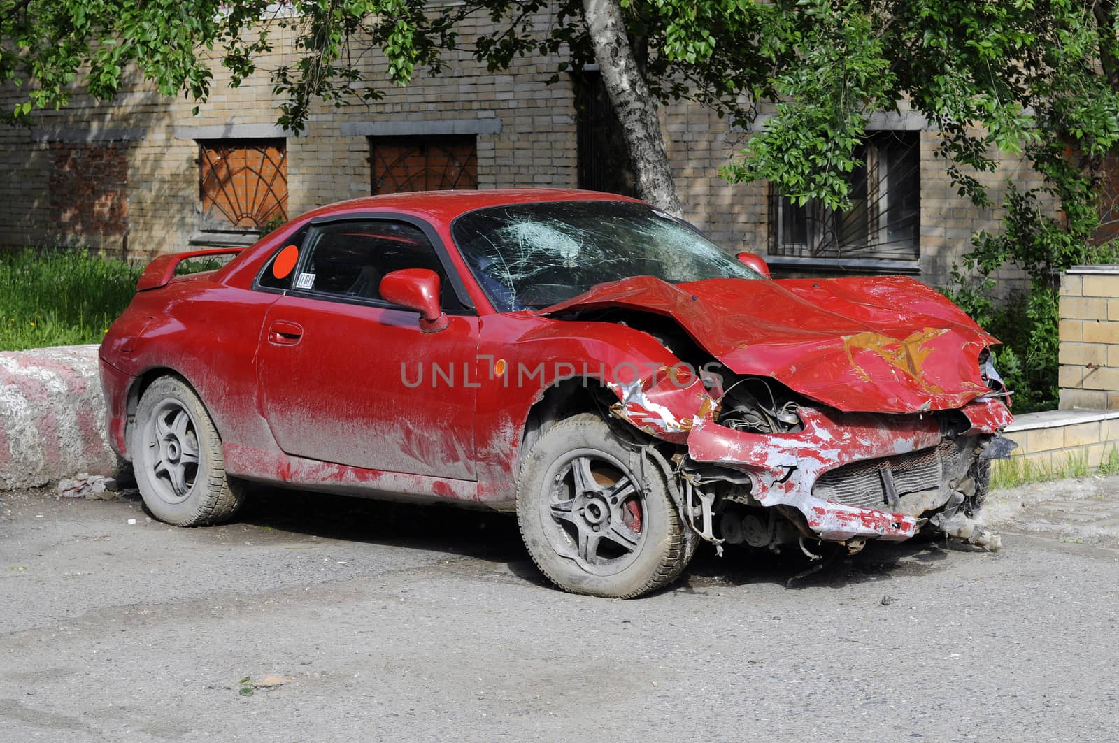 The red broken car after accident