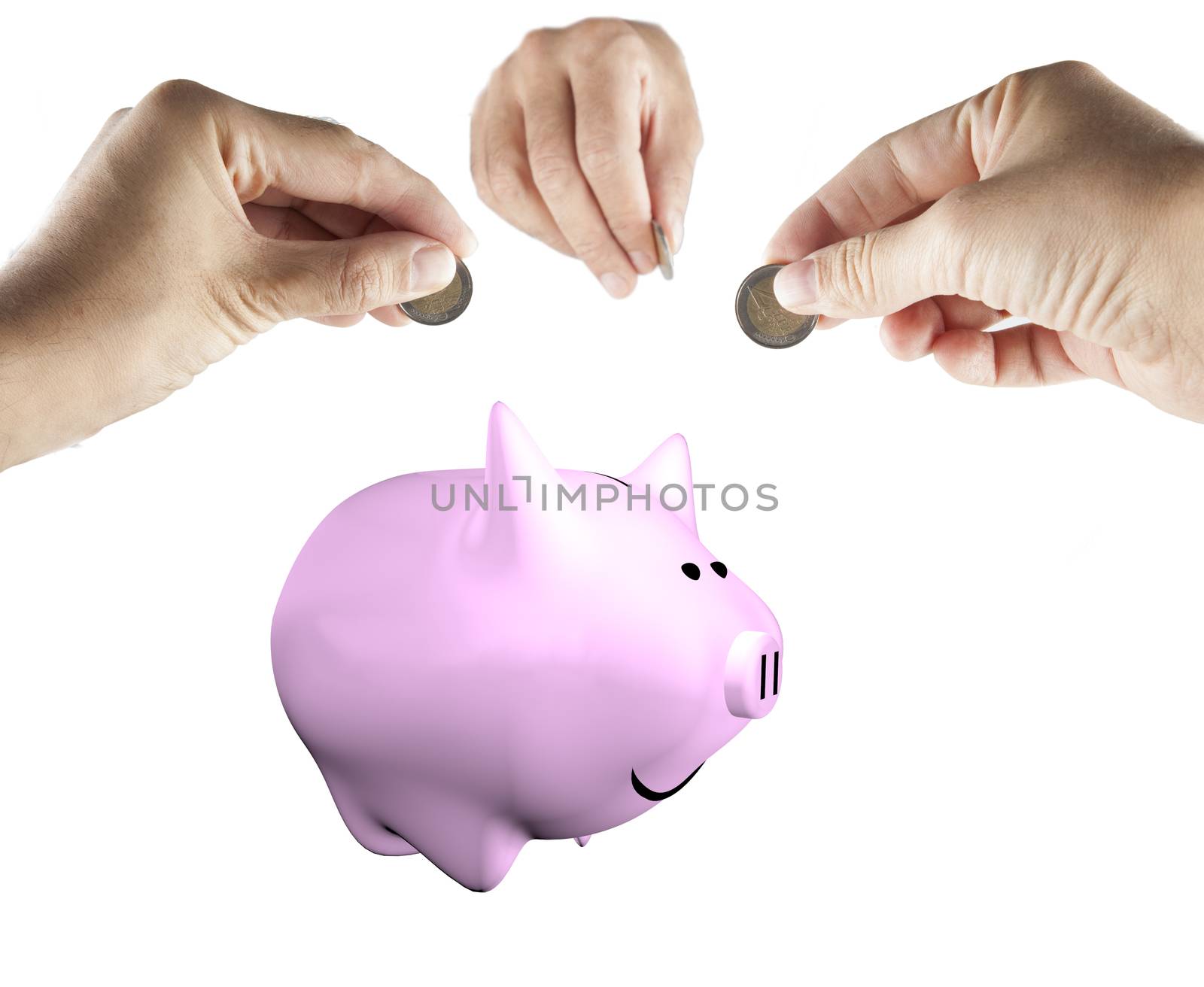 Male hands bringing money to a piggy bank, isolated over white