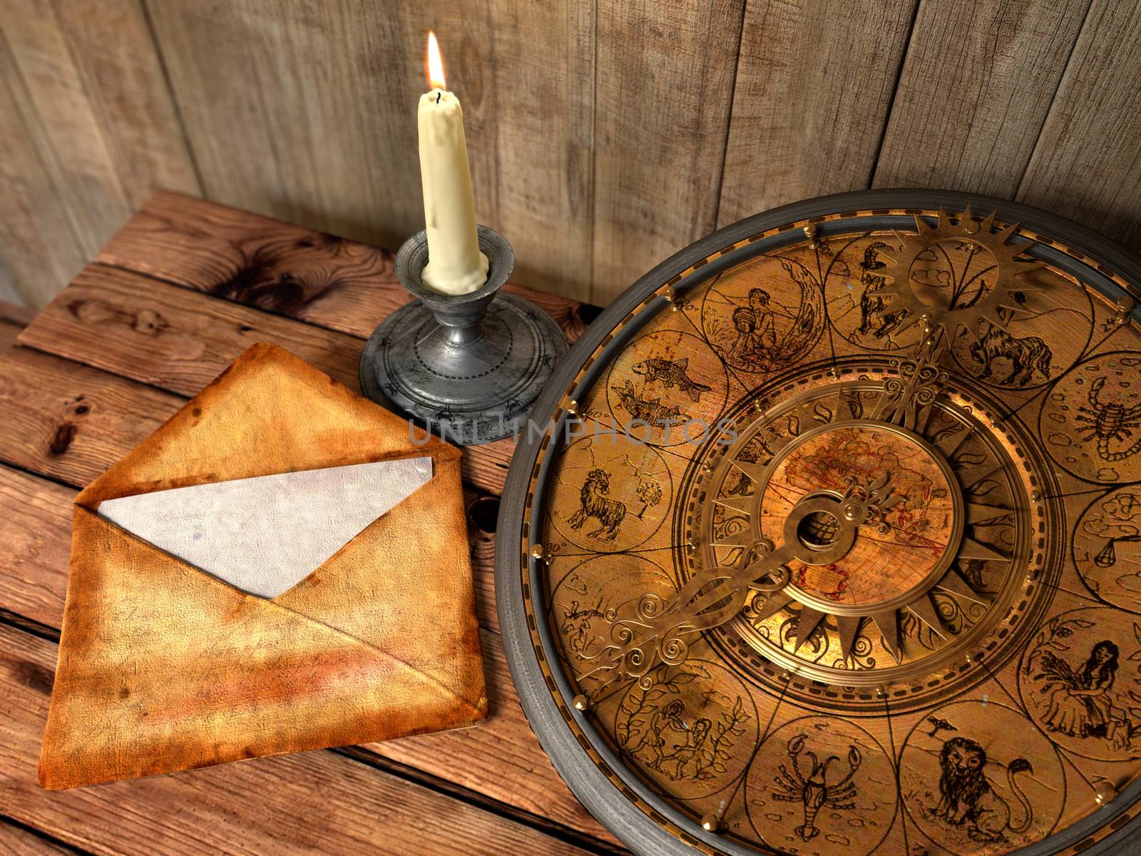 mystical concept still life with zodiac sighs, candle and letter