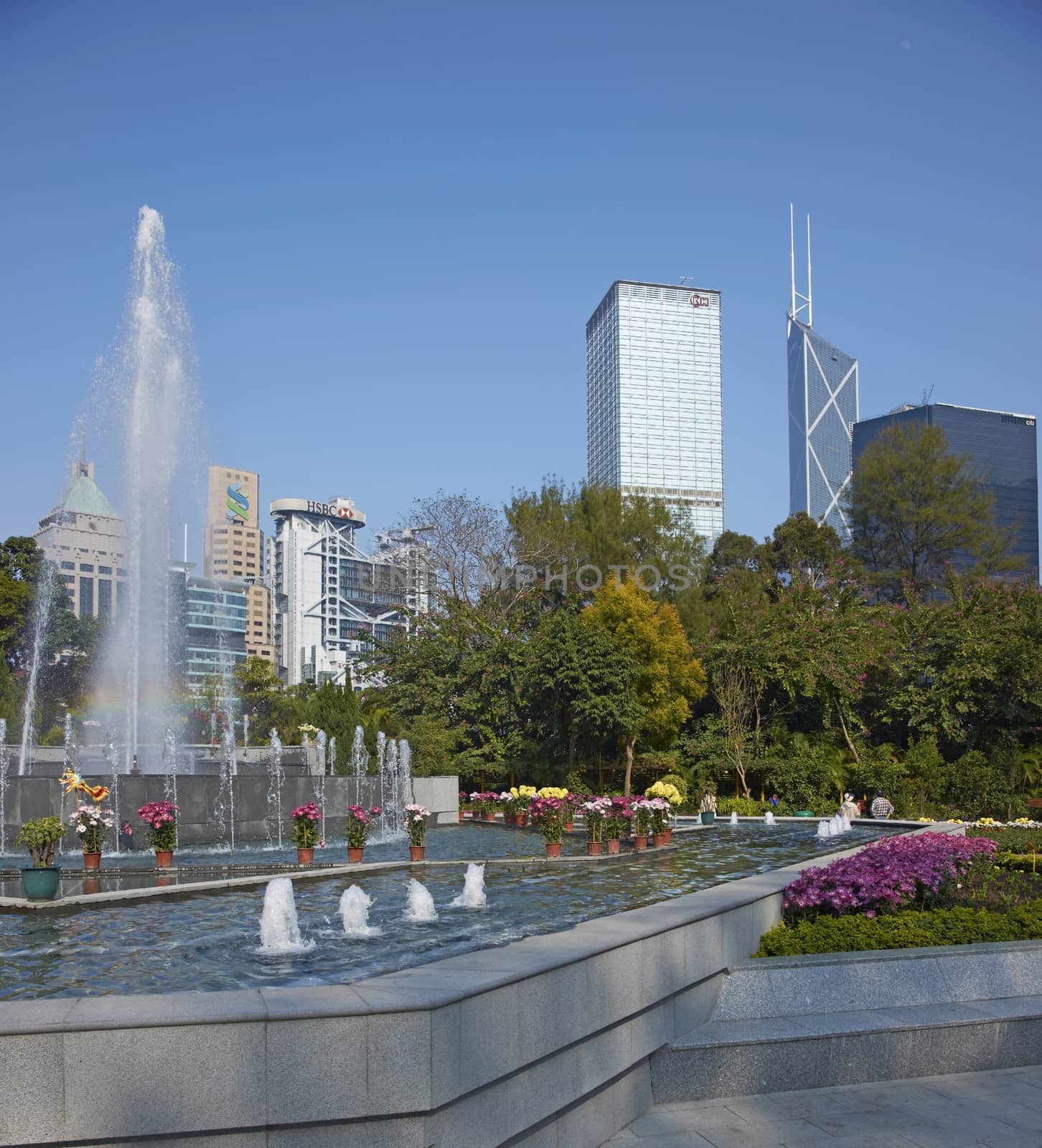 Colorful flowers and fountains in the Botanical Gardens surrounded by tall office buildings in Hong Kong, China.