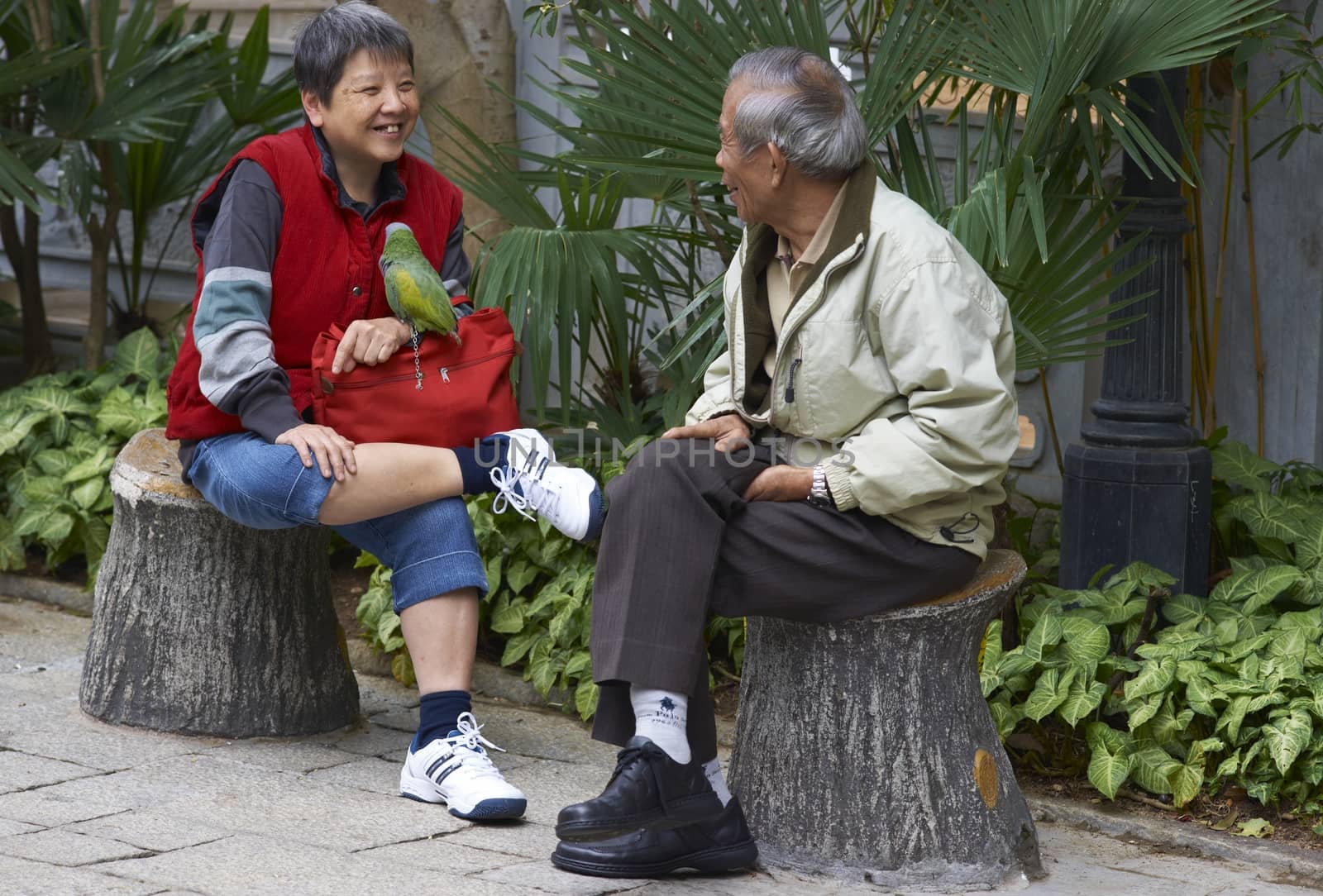 Woman with a parrot perched on her leg sitting talking to a man in the Yuen Po Street Bird Garden in Kowloon, Hong Kong.