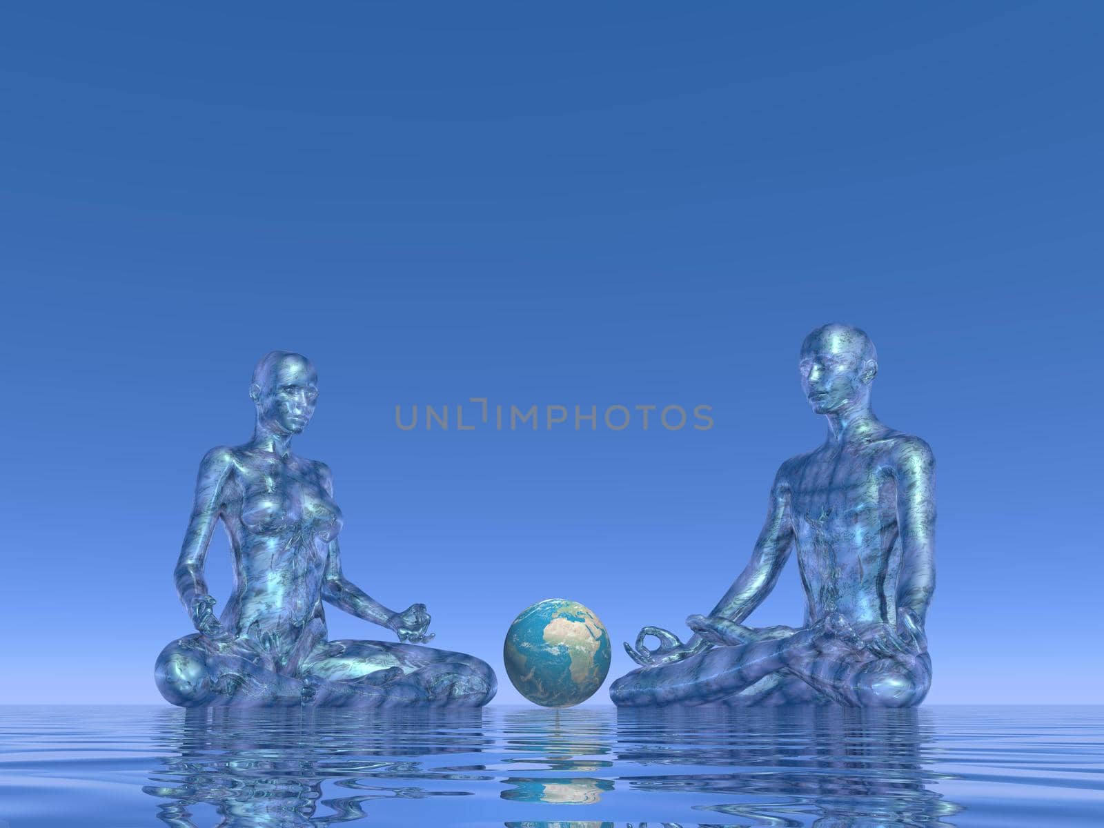 Man plus woman silhouettes meditating upon water in front of small earth into blue background