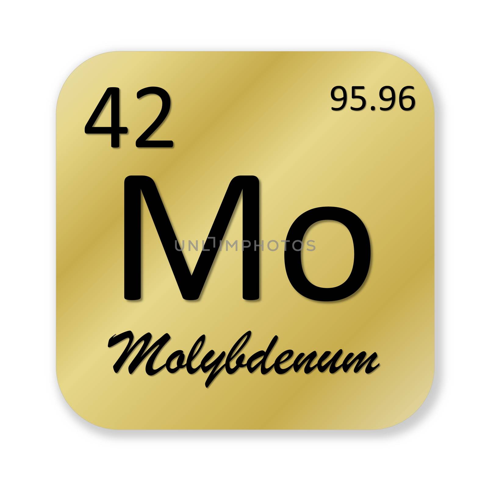 Black molybdenum element into golden square shape isolated in white background
