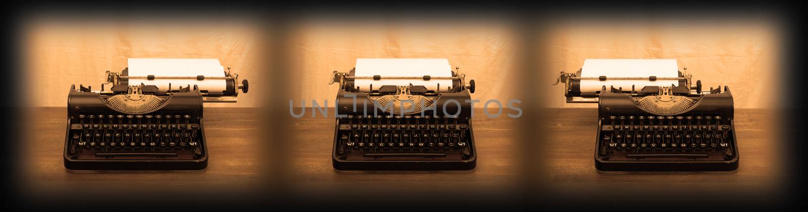 Old typewriter on wooden table, series of three