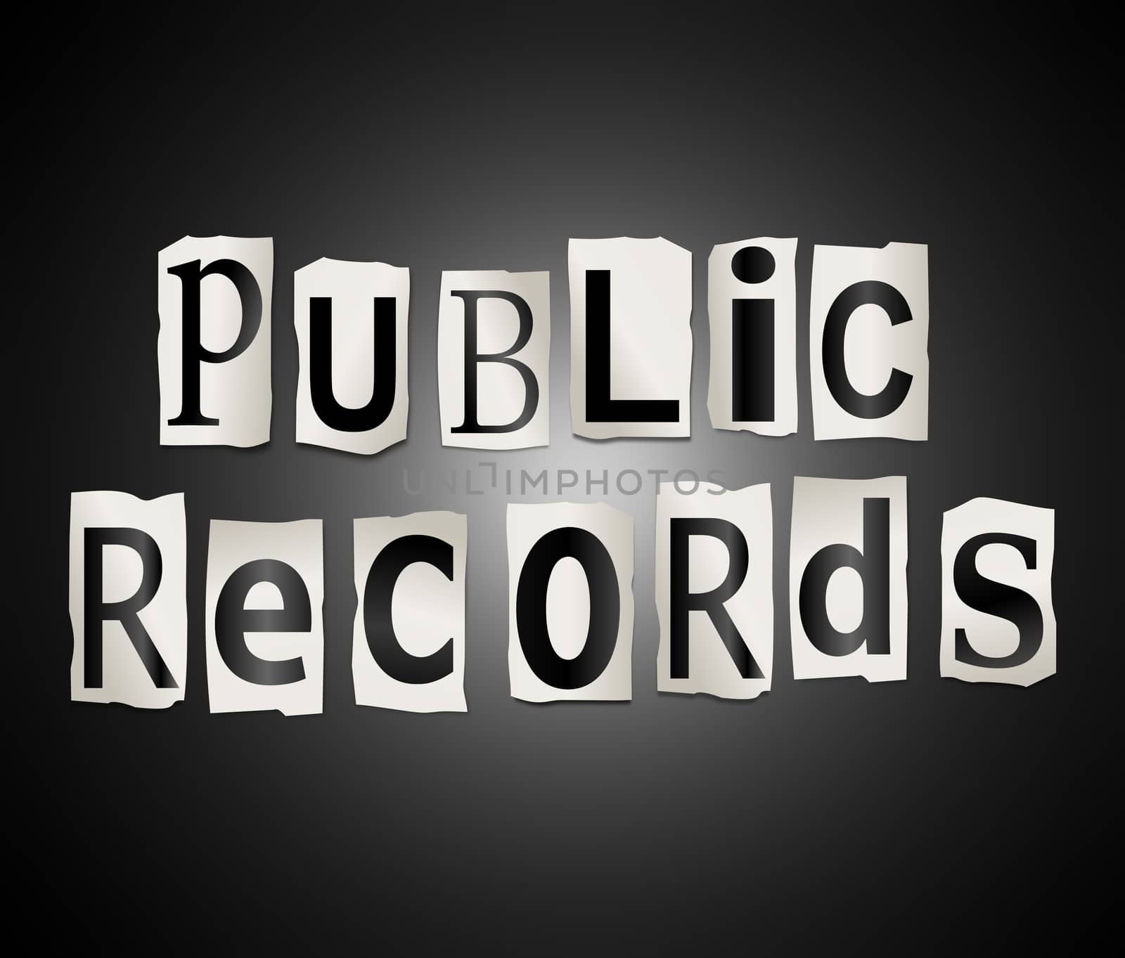 Illustration depicting a set of cut out printed letters arranged to form the words Public records.