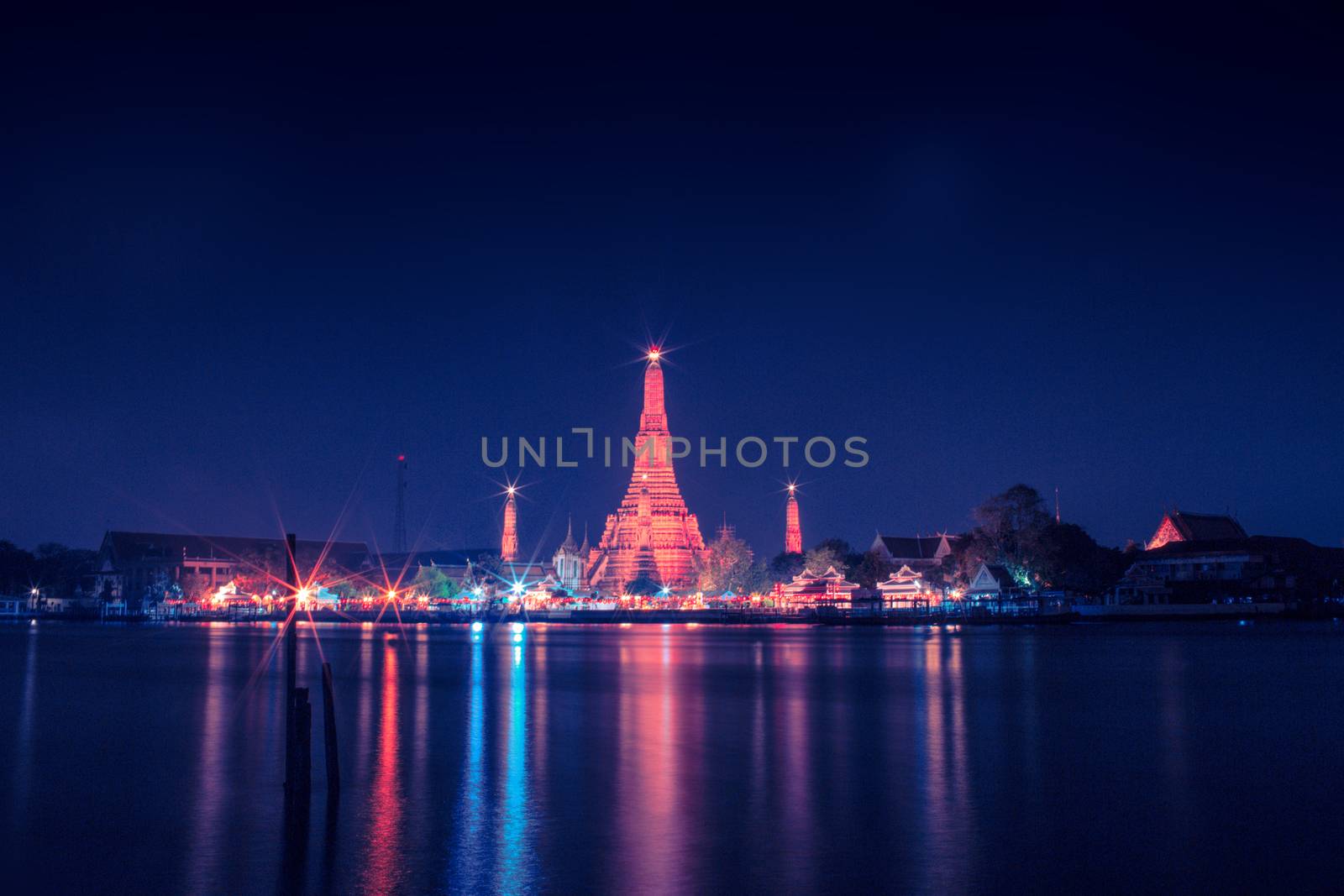 Vivid colors on river view at Wat Arun, Thailand.