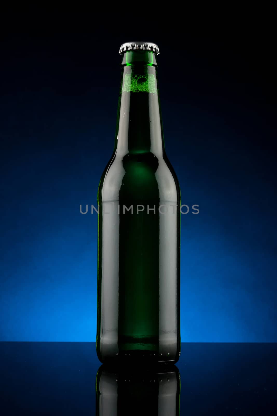 studio shot of back lit green beer bottle