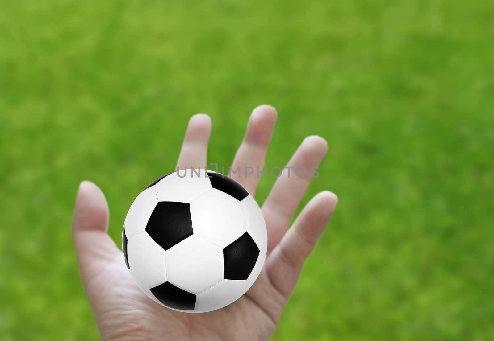 Football in hand with grass background