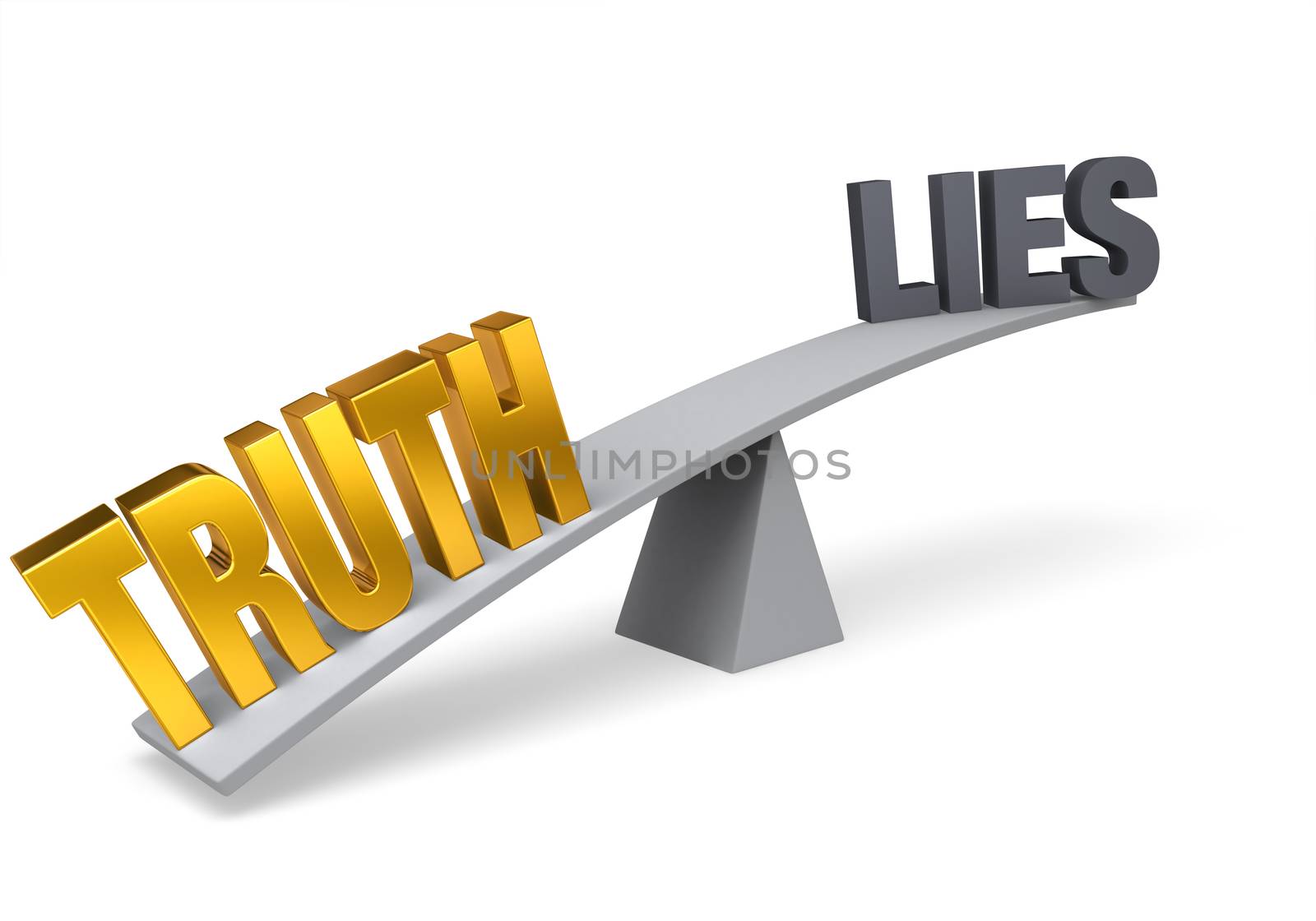 Bright, gold "TRUTH" weighs one end of a gray balance beam down while a gray "LIES" sits high in the air on the other end. Isolated on white.